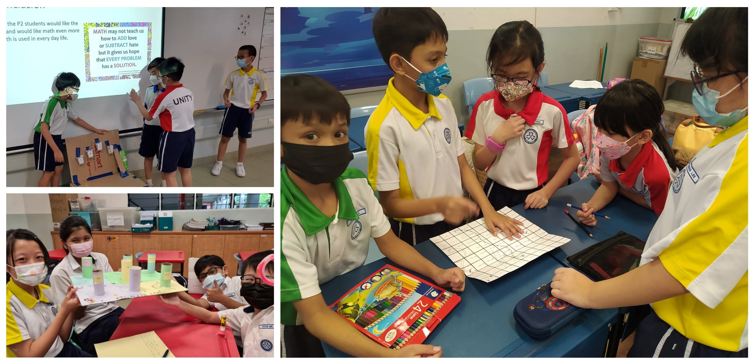 Young students wearing masks work on math activities in a classroom, including group projects and grid worksheets.
